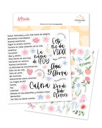 STICKERS DE FONDO TRANSPARENTE FLORECIENDO ARTESANA TALLER