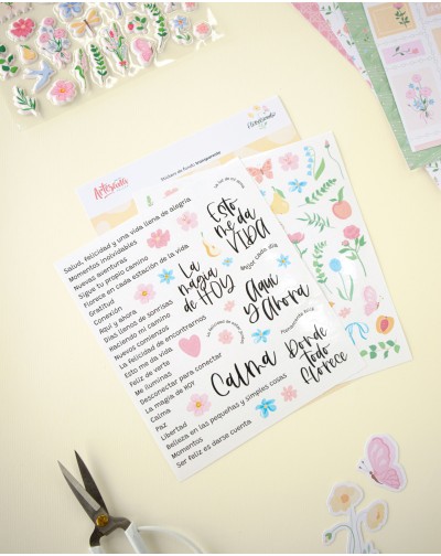 STICKERS DE FONDO TRANSPARENTE FLORECIENDO ARTESANA TALLER